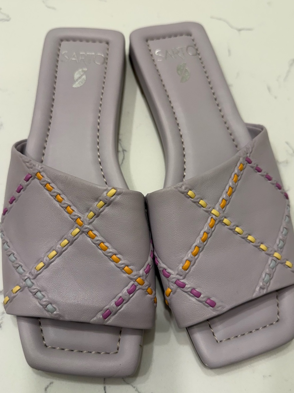 SARTO By Franco Sarto Lilac Quilted Slide Mules with Multicolor Stitching